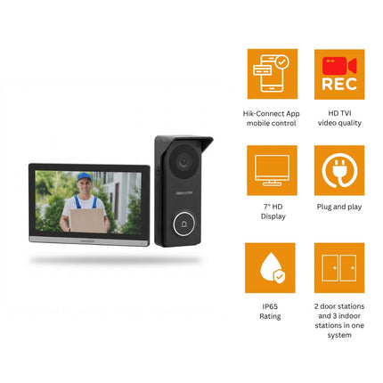 طقم انتركم فيديو هيكفيجن – شاشة HD مقاس 7 إنش مع وحدة باب خارجية وتحكم Hik-Connect – DS-KIS313