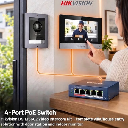 طقم انتركم فيديو IP هيكفيجن – شاشة داخلية ووحدة باب خارجية مع سويتش PoE بأربع منافذ – DS-KIS602