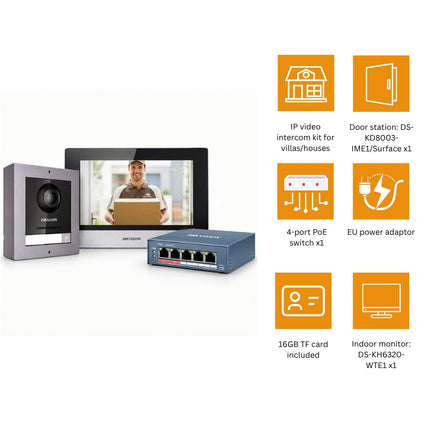طقم انتركم فيديو IP هيكفيجن – شاشة داخلية ووحدة باب خارجية مع سويتش PoE بأربع منافذ – DS-KIS602
