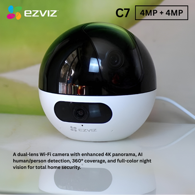 Ezviz C7 security camera with dual-lens design on a white surface.