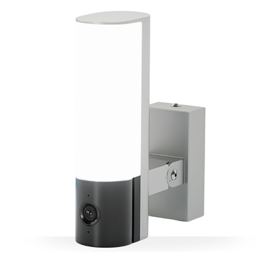 Modern wall-mounted light fixture with a camera on a white background