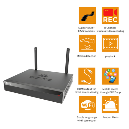 EZVIZ X5S 8-Channel Wireless NVR | Supports 5MP Cameras | Wi-Fi Video Recorder | Smart Playback & Motion Detection | HDMI Output | Remote Monitoring
