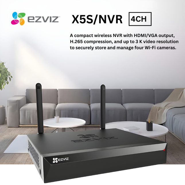 EZVIZ X5S 4-Channel Wireless NVR | Supports 5MP Cameras | Wi-Fi Recorder | Smart Motion Detection | HDMI Output | Remote Viewing