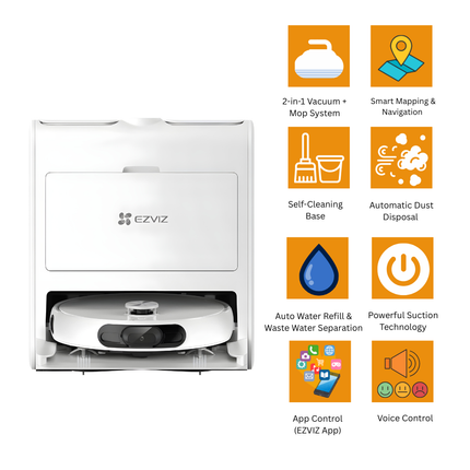 EZVIZ RS2 Robot Vacuum & Mop Combo | Self-Cleaning Base, Smart Mapping, 2-in-1 Powerful Suction & Mopping | Works with Alexa & Google Home | Automatic Dust & Water Management
