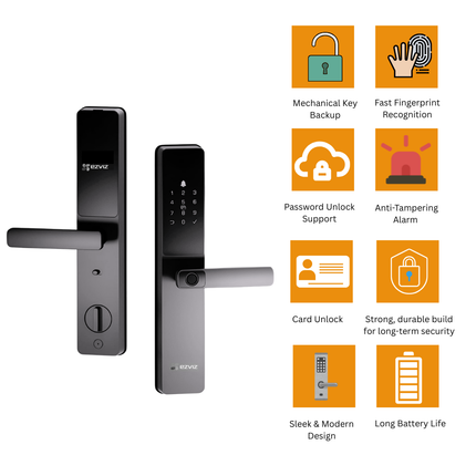 EZVIZ DL05 Smart Fingerprint Lock | 7-in-1 Keyless Entry Door Lock | Wi-Fi & Bluetooth | IP65 Weatherproof Front Panel | Supports Fingerprint, PIN, Card, Key & App Control | Smart Door Lock for Homes