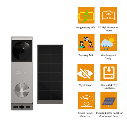 EZVIZ EP3X 2K Battery-Powered Video Doorbell with Solar Panel | Wireless Installation | Smart Human Detection | Two-Way Talk | Night Vision | Long Battery Life