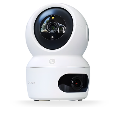White security camera with two lenses on a white background