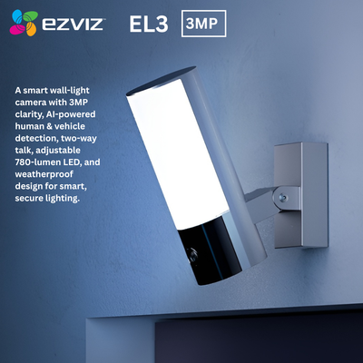 Ezviz EL3 smart wall-light camera with text on a blue background