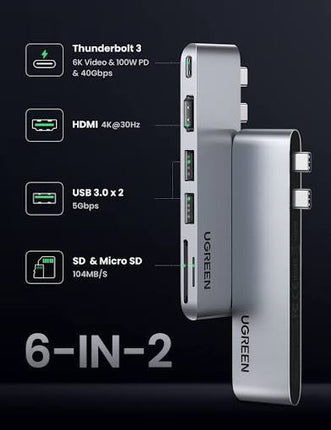 UGREEN 6-in-2 USB-C Multifunction Hub | Thunderbolt 3 + HDMI + 2 USB-A 3.0 + SD/Micro SD | USB-C Female Converter | CM380 | 80856