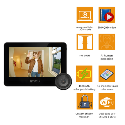 IMOU VD1 5MP| Smart Video Door Peephole Camera with AOV Mode | Dual-Band Wi-Fi | 4.3” Color Screen | Human Detection  | Up to 512GB Memory Card | 4800mAh rechargeable battery