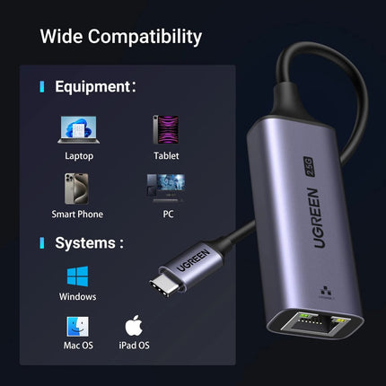 UGREEN 2.5 Gbps Type-C to RJ45 3.1 Gen Ethernet Aluminum Adapter | CM648 | 25052