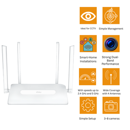 IMOU HR340 | AC1200 Dual-Band Wi-Fi Router | 2.4 GHz + 5 GHz | 300 + 867 Mbps | 4 High-Gain Antennas | WPA/WPA2 Security | Ideal for IP Cameras & Smart-Home Networks