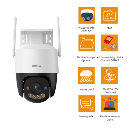 IMOU IPC-K7FP-5H0TE-EU | “Cruiser SC 4G 5MP” Outdoor PT 4G Security Camera | Pan/Tilt | Smart Detection | Full-Color Night Vision | 4G + Ethernet + ONVIF | Two-Way Audio & Alarm