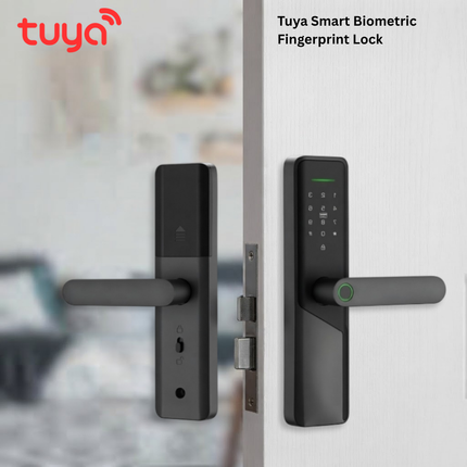 Tuya Wi-Fi Smart Lever Door Lock with Fingerprint, Card & Password – Black Lock for Steel and Wooden Doors| SE48