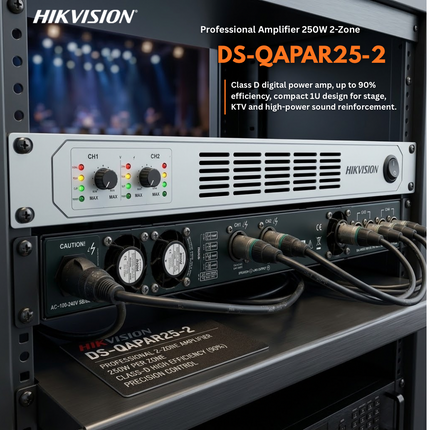 أمبليفاير صوت احترافي من Hikvision بقناتين وقدرة 250 واط لكل قناة Class D – DS-QAPAR25-2