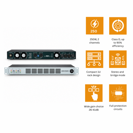 أمبليفاير صوت احترافي من Hikvision بقناتين وقدرة 250 واط لكل قناة Class D – DS-QAPAR25-2