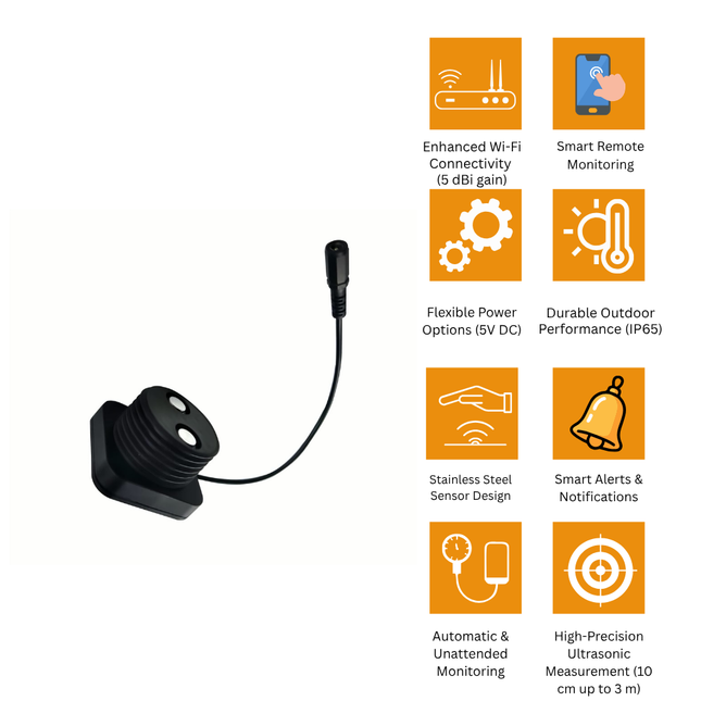 Wireless Tank Level Meter – WiFi Sensor with External Antenna | Stainless Steel | EPTech WiFi Plus