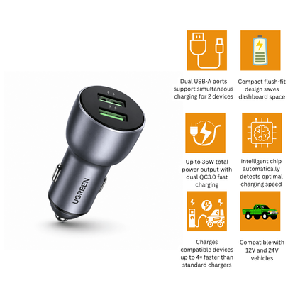 شاحن سيارة UGREEN USB مزدوج بقدرة 36 واط – 10144