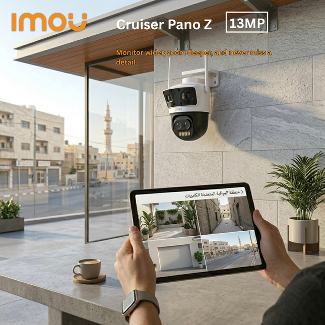 Person using a tablet to monitor a camera with 'imou' branding in an outdoor setting.