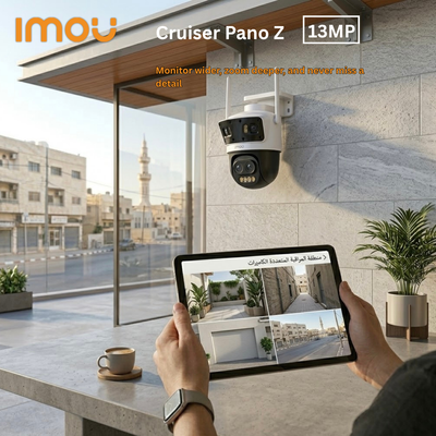 Person using a tablet to monitor a camera with 'imou' branding in an outdoor setting.