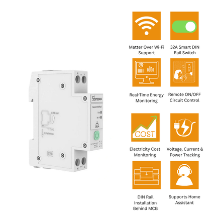 SONOFF BASIC-1GSP Matter Smart DIN Rail Switch 32A | Energy Monitoring & Circuit Protection