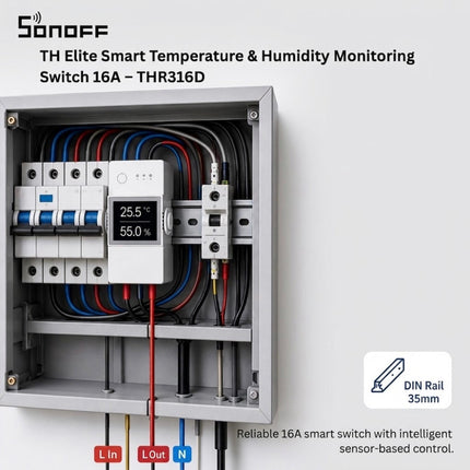 Sonoff TH Elite smart temperature & humidity monitoring switch in an electrical panel with wiring.