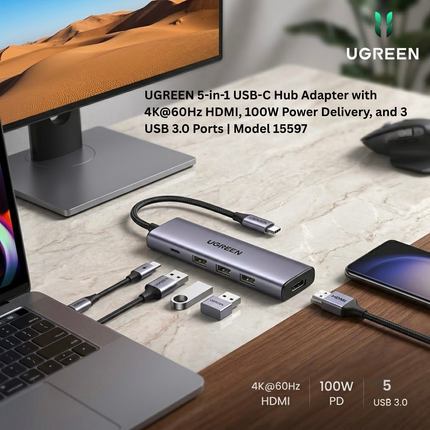موزع يوجرين ريفودوك 105 (5 في 1) بمنفذ USB-C مع منفذ شاشة 4K HDMI، وتقنية الشحن السريع بقوة 100 واط، و3 منافذ USB | موديل 15495
