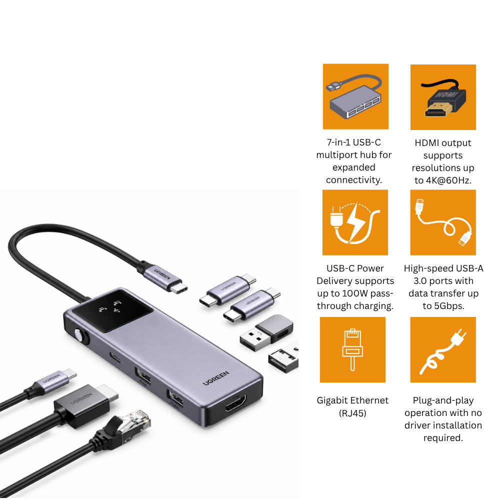 موزع يوجرين Uno متعدد المنافذ 7 في 1 CM888 | 45155 | USB-C| موزع يوجرين Uno متعدد المنافذ 7 في 1 CM888 | 45155 | USB-C|