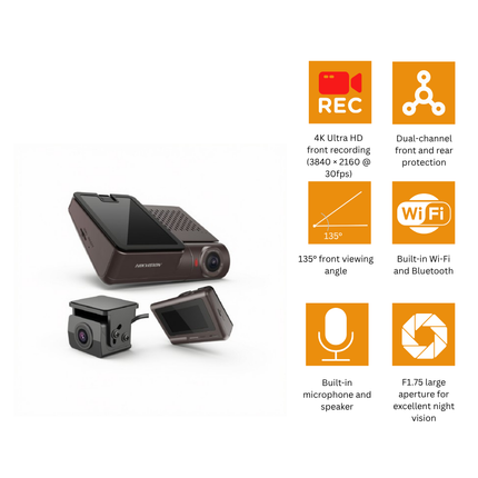 كاميرا سيارة Hikvision AE-DC8322-G2PRO بدقة 4K مع كاميرا خلفية، GPS، ADAS وشاشة لمس