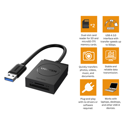 UGREEN SD Card Reader USB-A 3.0 Dual Slot Flash Memory Card Reader | 20250