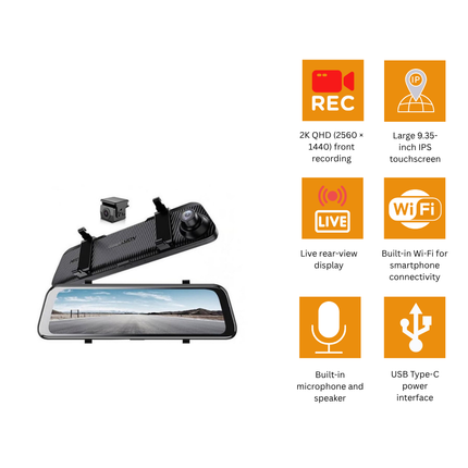 كاميرا مرآة السيارة Hikvision AE-DC4928-K60PRO بدقة 2K مع كاميرا خلفية وشاشة لمس 9.35 بوصة وWi-Fi