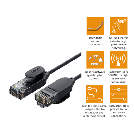 سلك يوجرين إيثرنت CAT 6A من النحاس النقي بقطر 2.8 مم (أسود) | NW122