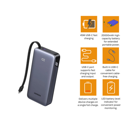UGREEN Nexode Power Bank 20000mAh 45W with Built-in USB-C Cable | PB536 | 55988B