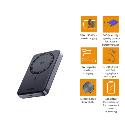 UGREEN Magnetic Qi2 Wireless Power Bank 10000mAh 30W + 15W | Space Gray | PB761 | 45763