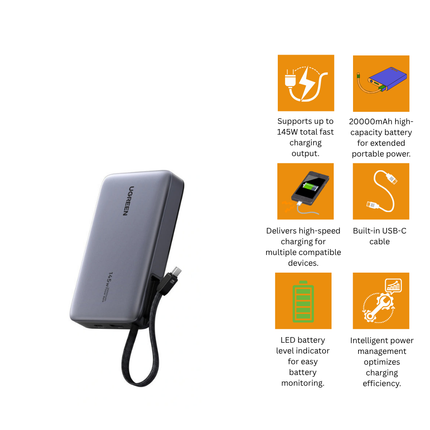 UGREEN 20000mAh 145W Power Bank with Built-in Cable | PB551 | 55992B