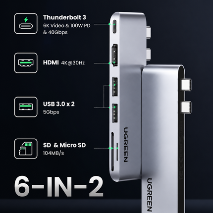 A 6-in-1 USB-C multiport charger by UGREEN, shown in a metallic silver finish with two devices connected. The image features feature callouts on the left detailing its ports and speeds (Thunderbolt 3, HDMI 4K, USB 3.