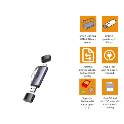 قارئ بطاقات الذاكرة OTG يوجرين بمنافذ USB-C و USB-A 3.0  متعدد 2 في 1 SD / microSD موديل | CM185 | 50706