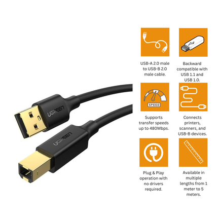 UGREEN USB-A 2.0 to USB-B Printer Cable 480Mbps | Black | US135
