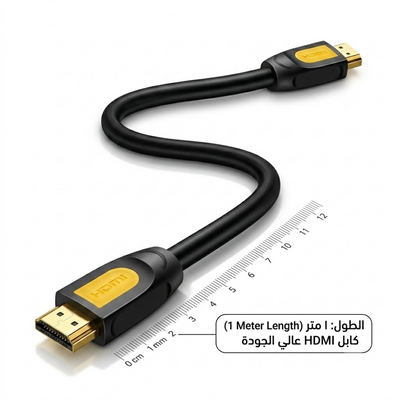 A black HDMI cable with gold-plated connectors, shown on a white background with a ruler and Arabic text indicating a 1-meter length.