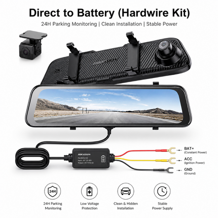 HIKVISION direct to battery hardwire kit for rearview mirror, showing the mirror with attached camera, power box, and wiring, with text and icons explaining 24H parking monitoring, clean installation, and stable power.