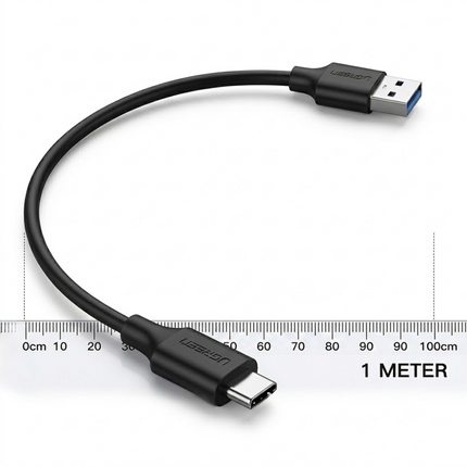 A black USB-C to USB-A adapter cable with a built-in ruler overlay showing its length as 1 meter, on a white background.