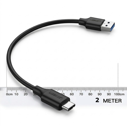 A black USB-C to USB-A adapter cable with a built-in ruler overlay showing its length as 1 meter, on a white background.