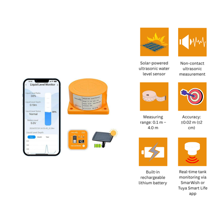 جهاز SmarWish ME201RSP الذكي لمراقبة مستوى المياه بالطاقة الشمسية مع Wi-Fi ومستشعر فوق صوتي