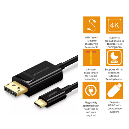 سلك يوجرين USB-C إلى DisplayPort بطول 1.5 متر بدقة 4K متعدد الالوان | MM139