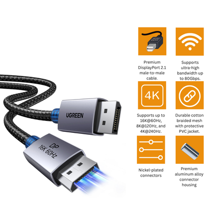 سلك يوجرين DisplayPort 2.1 بدقة 16K@60Hz وسرعة 80 جيجابت/ثانية بهيكل من الألومنيوم | DP131