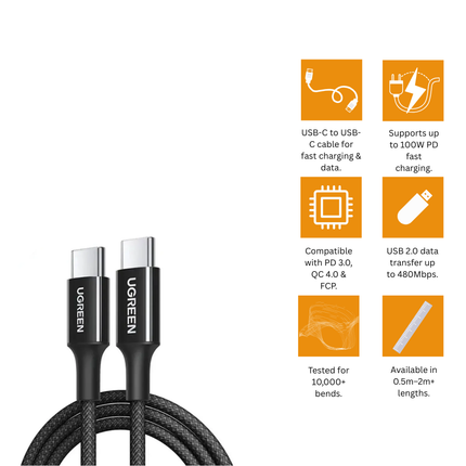 سلك يوجرين USB-C إلى USB-C للشحن السريع PD حتى 5 أمبير | متعدد الألوان | L502