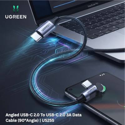 UGREEN Angled USB-C 2.0 To USB-C 2.0 3A Data Cable (90°Angle) | US255