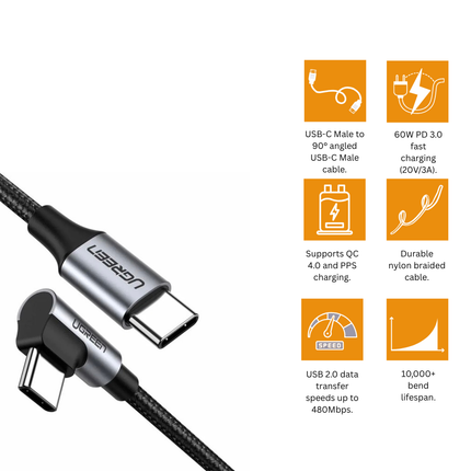 UGREEN Angled USB-C 2.0 To USB-C 2.0 3A Data Cable (90°Angle) | US255