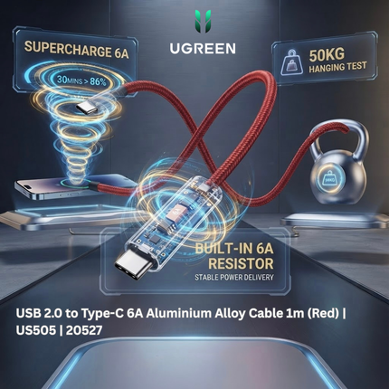سلك يوجرين USB 2.0 إلى USB-C بقدرة 6 أمبير وهيكل من الألومنيوم بطول 1 متر (أحمر) | US505 | 20527