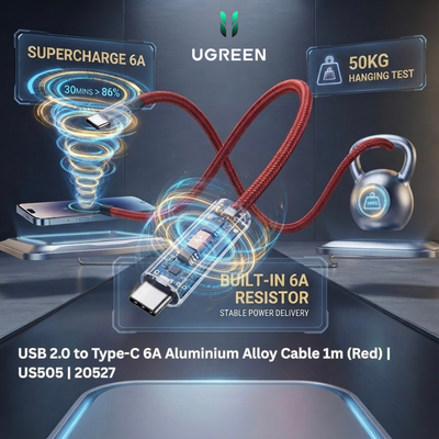 UGREEN USB 2.0 to Type-C 6A Aluminium Alloy Cable 1m (Red) | US505 | 20527